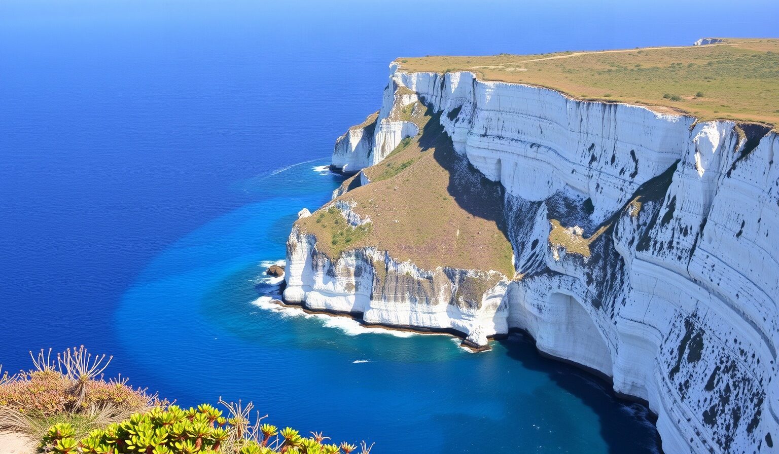 La paroi de calcaire blanc de la Grande Vigie tombant dans l'océan, vue depuis le sentier du sommet