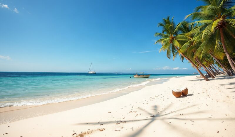 Une anse de sable blond bordée de cocotiers, eau turquoise abritée par le récif